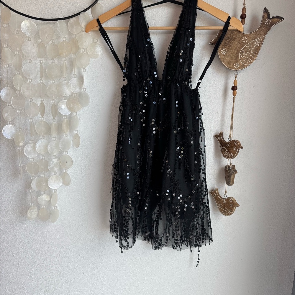 Black Sequin Romper Halter Dress Size XS